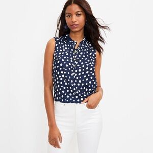 LOFT Zoo Dot Ruffle Neck Mixed Media Shell